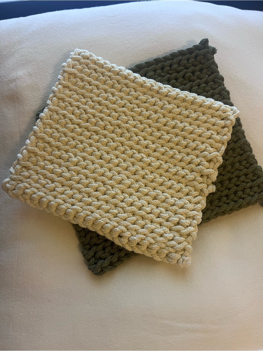 Homemade Crocheted Potholder/Trivet Set Dark Hunter Green/Bone White
